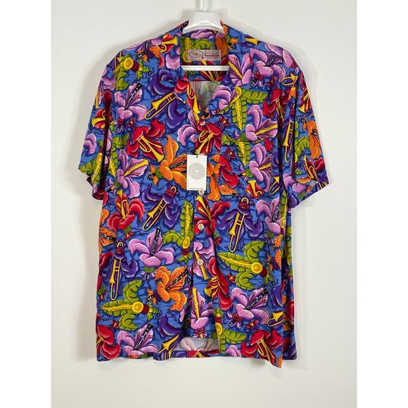 Bayou Wear HawAhYa Hawaiian Fleur De Jazz Print Button Front Shirt Size XL NWT - Picture 1 of 7